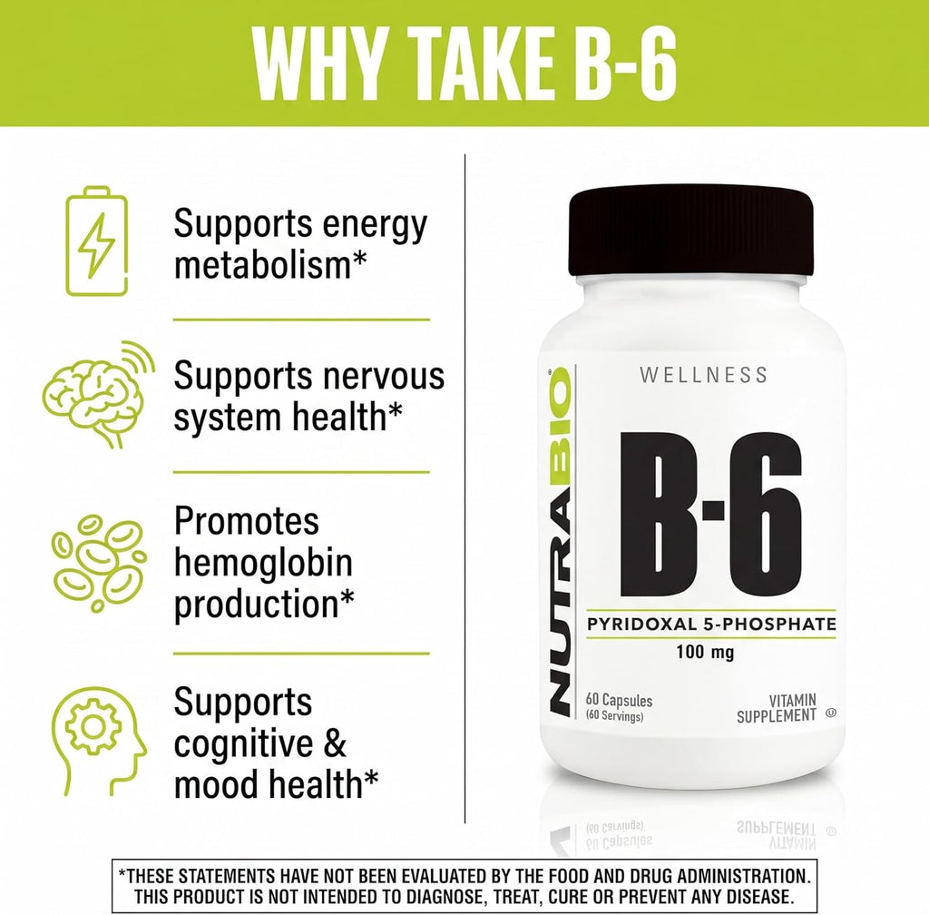 NutraBio Vitamin B6 P5P (Pyridoxal 5-Phosphate) Vitamin B6 100mg per Serving- 60 Vegetable Capsules