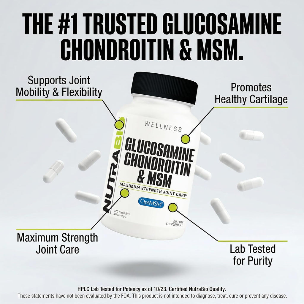 NutraBio Glucosamine Chondroitin & OptiMSM Supplement, Joint Support Formula - 120 Capsules (120 Count)