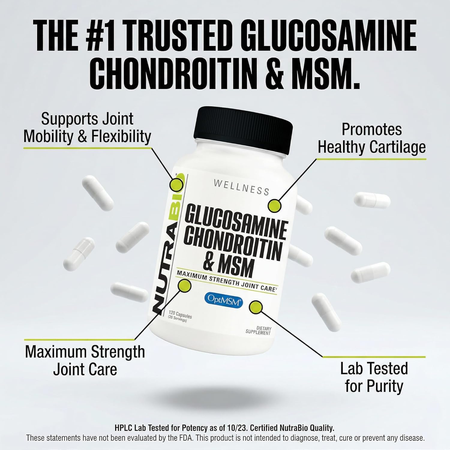 NutraBio Glucosamine Chondroitin & OptiMSM Supplement, Joint Support Formula - 120 Capsules (120 Count)