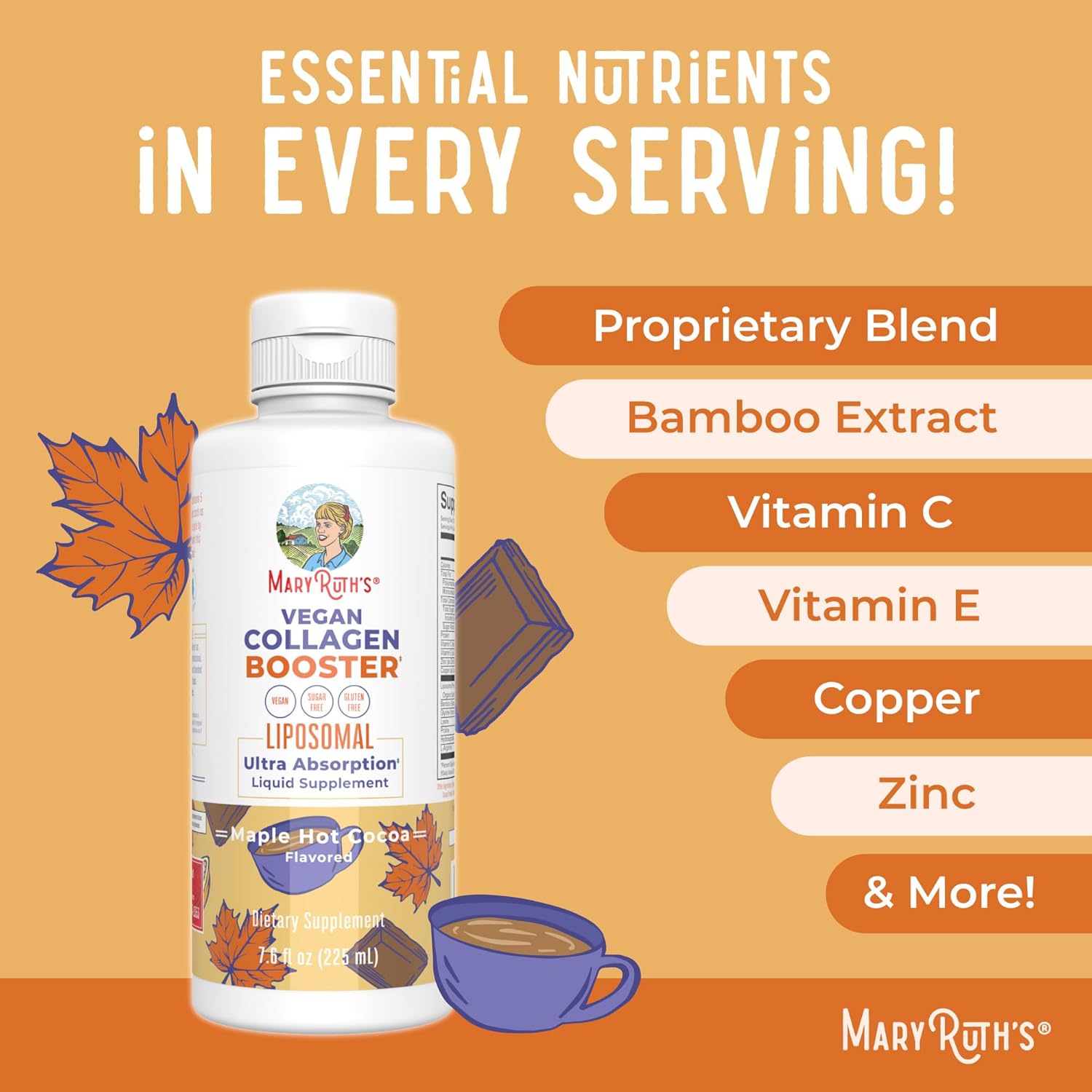 MaryRuth Organics Collagen Booster Liposomal, Sugar Free, Liquid Collagen Booster with Vitamin C, Vitamin E, Zinc, Copper & Silica, Skin Care & Joint Support Supplement, Vegan, Non-GMO, 7.6 Fl Oz