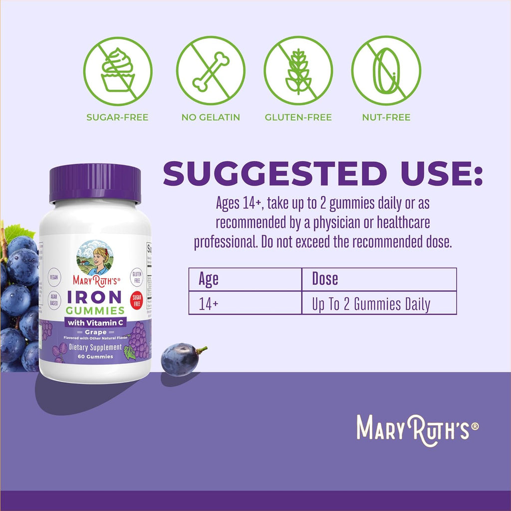 MaryRuth's Iron Gummies for 14+ with Vitamin C for Absorption | Sugar Free | Gummy Iron Supplement + VIT C | Energy Metabolism | Cellular Health | Immune Support | Vegan | Non-GMO | 60 Count