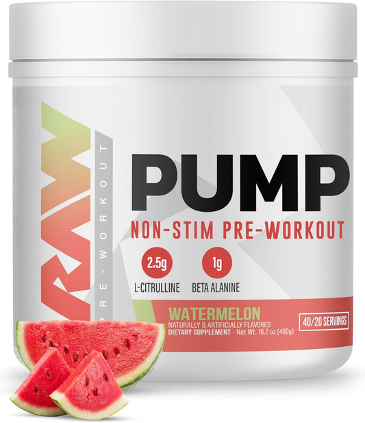 RAW Pump Stim Free Pre Workout (Watermelon) - Non-Stimulant Pre Workout Supplement Powder Nitric Oxide Booster - Pre Workout Supplements Drink for During Workout - 40 Servings
