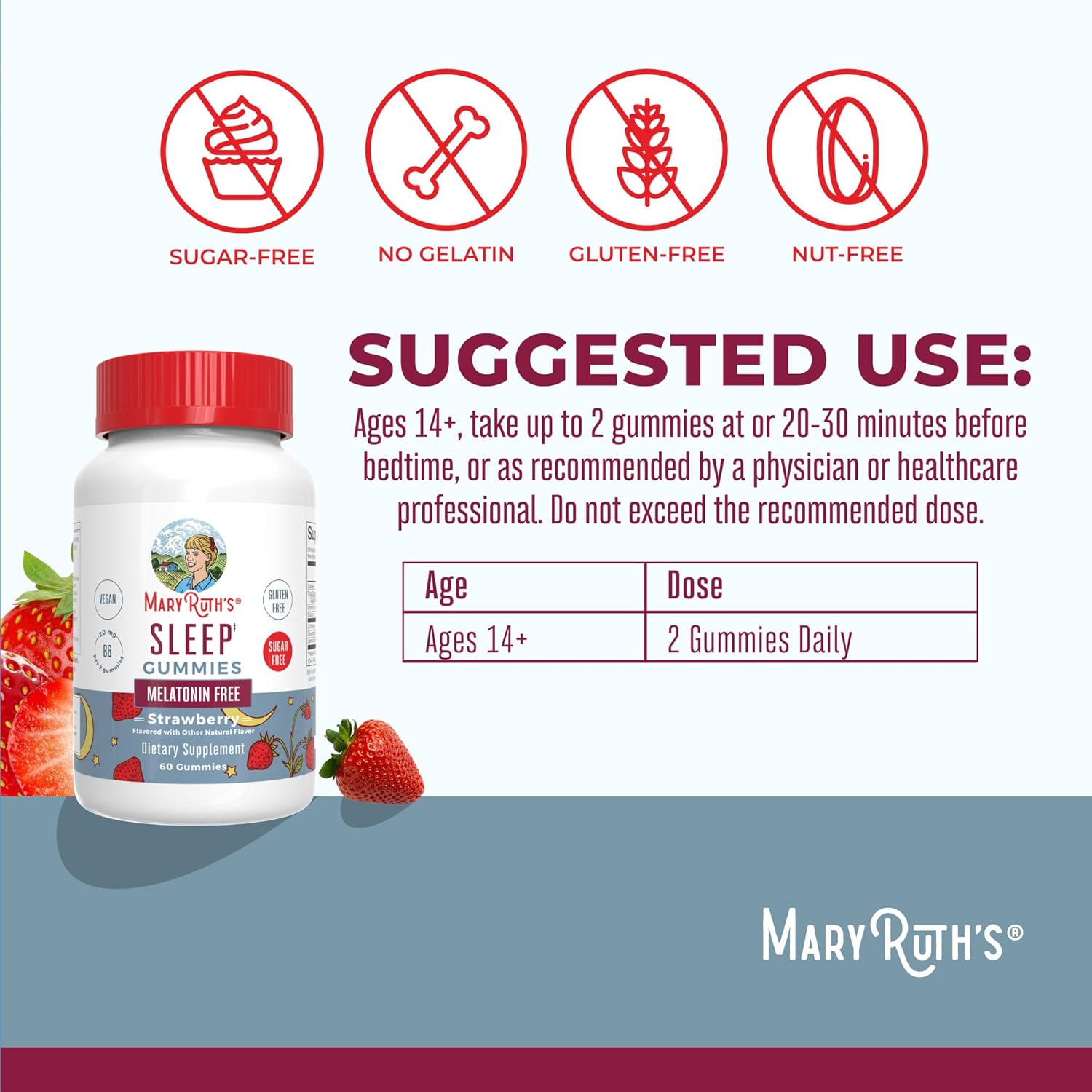 MARYRUTH'S Sleep Gummies | Sugar Free | NO Melatonin | L Theanine | Lemon Balm Leaf | Chamomile | Vitamin B6 | Relaxation & Sleep Support | Stress Relief | Vegan | Gluten Free | 60 Count