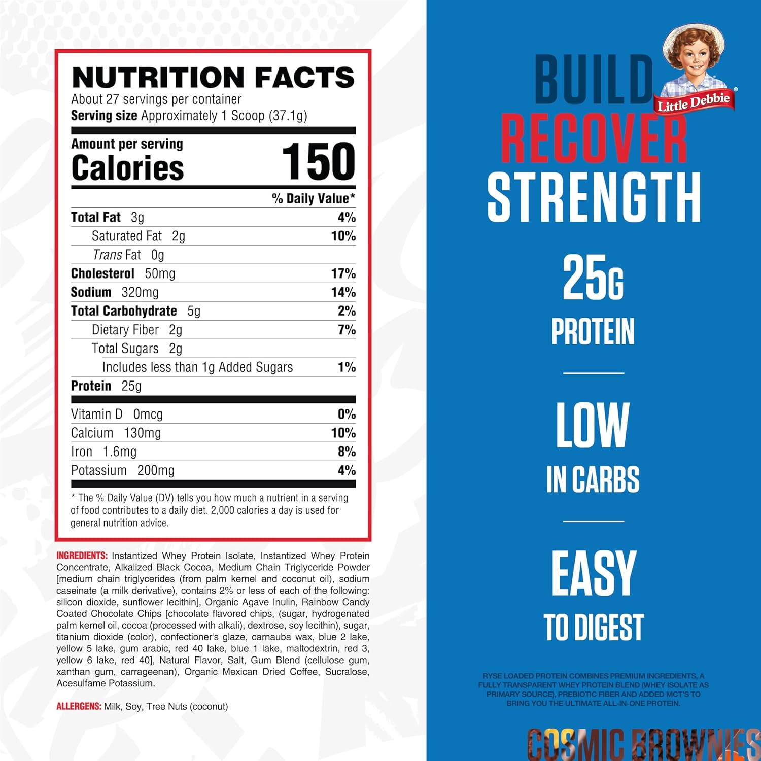 RYSE Loaded Protein Powder - Little Debbie Cosmic Brownie - 25g Whey Protein Isolate & Concentrate with Prebiotic Fiber & MCTs - Low Carb, Low Sugar, Digestive-Friendly - 27 Servings / 2 lb Tub