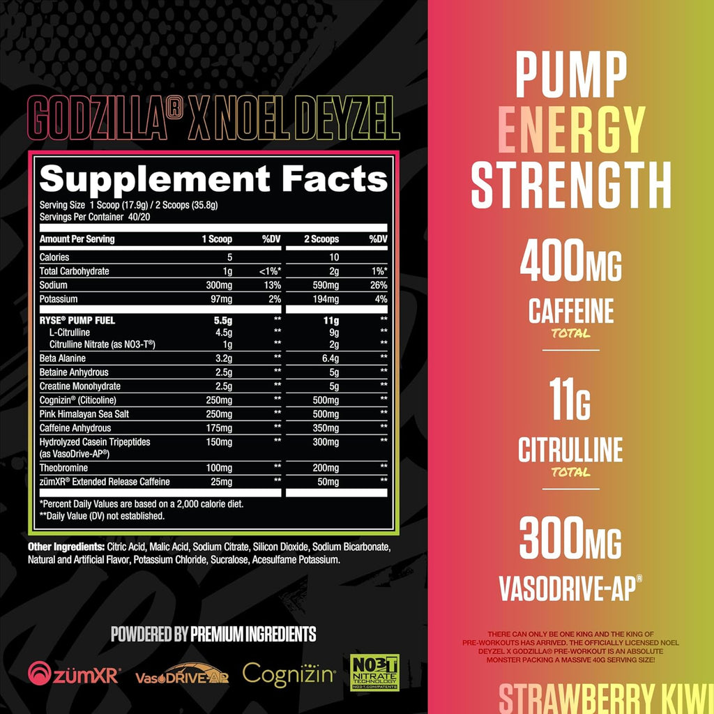 RYSE Godzilla X Noel Deyzel Pre Workout Powder - Strawberry Kiwi - 400mg Caffeine, High Stim Pre-Workout for Men & Women with Citrulline & Beta Alanine - Energy, Pump & Focus - 20/40 Servings
