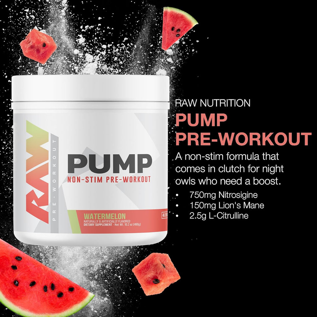 RAW Pump Stim Free Pre Workout (Watermelon) - Non-Stimulant Pre Workout Supplement Powder Nitric Oxide Booster - Pre Workout Supplements Drink for During Workout - 40 Servings