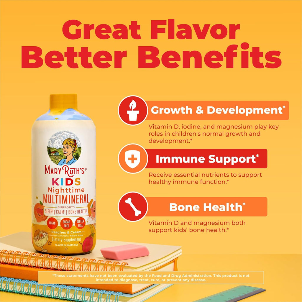 Kids Liquid Nighttime Multimineral by MaryRuth's | Bone Health | Immune Function | Bedtime Supplement | Kids Vitamins | Magnesium | Vegan | Sugar Free | 30-180 Servings | 15.22 fl oz