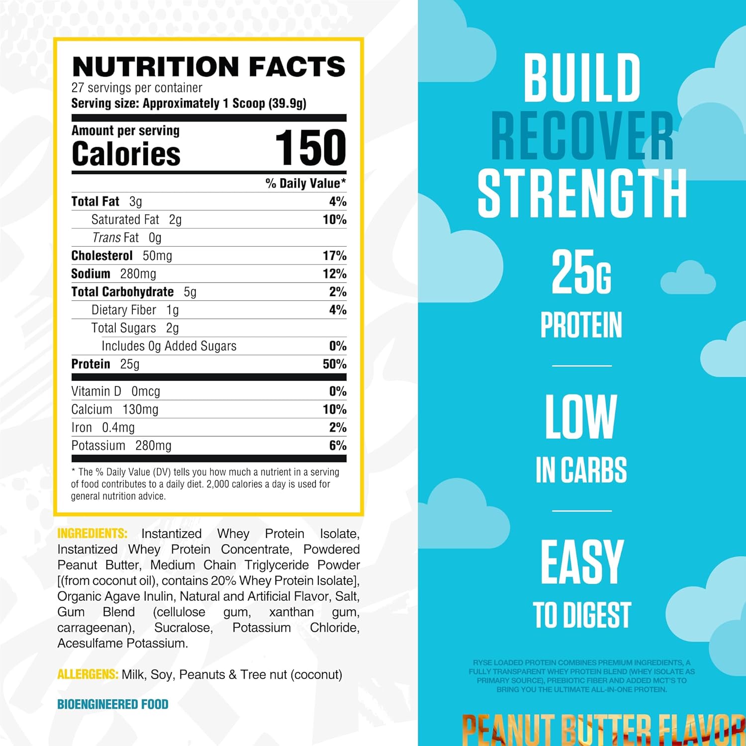 RYSE Loaded Protein Powder - Skippy Peanut Butter - 25g Whey Protein Isolate & Concentrate with Prebiotic Fiber & MCTs - Low Carb, Low Sugar, Digestive-Friendly - 27 Servings / 2 lb Tub