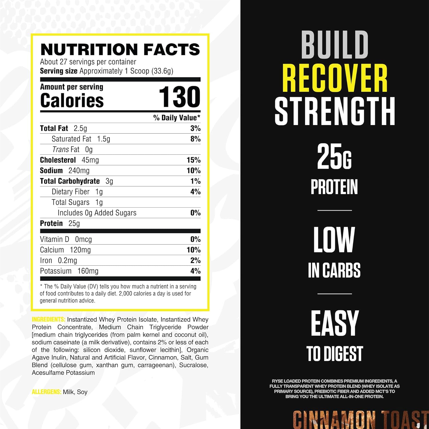RYSE Loaded Protein Powder - Cinnamon Toast - 25g Whey Protein Isolate & Concentrate with Prebiotic Fiber & MCTs - Low Carb, Low Sugar, Digestive-Friendly - 27 Servings / 2 lb Tub