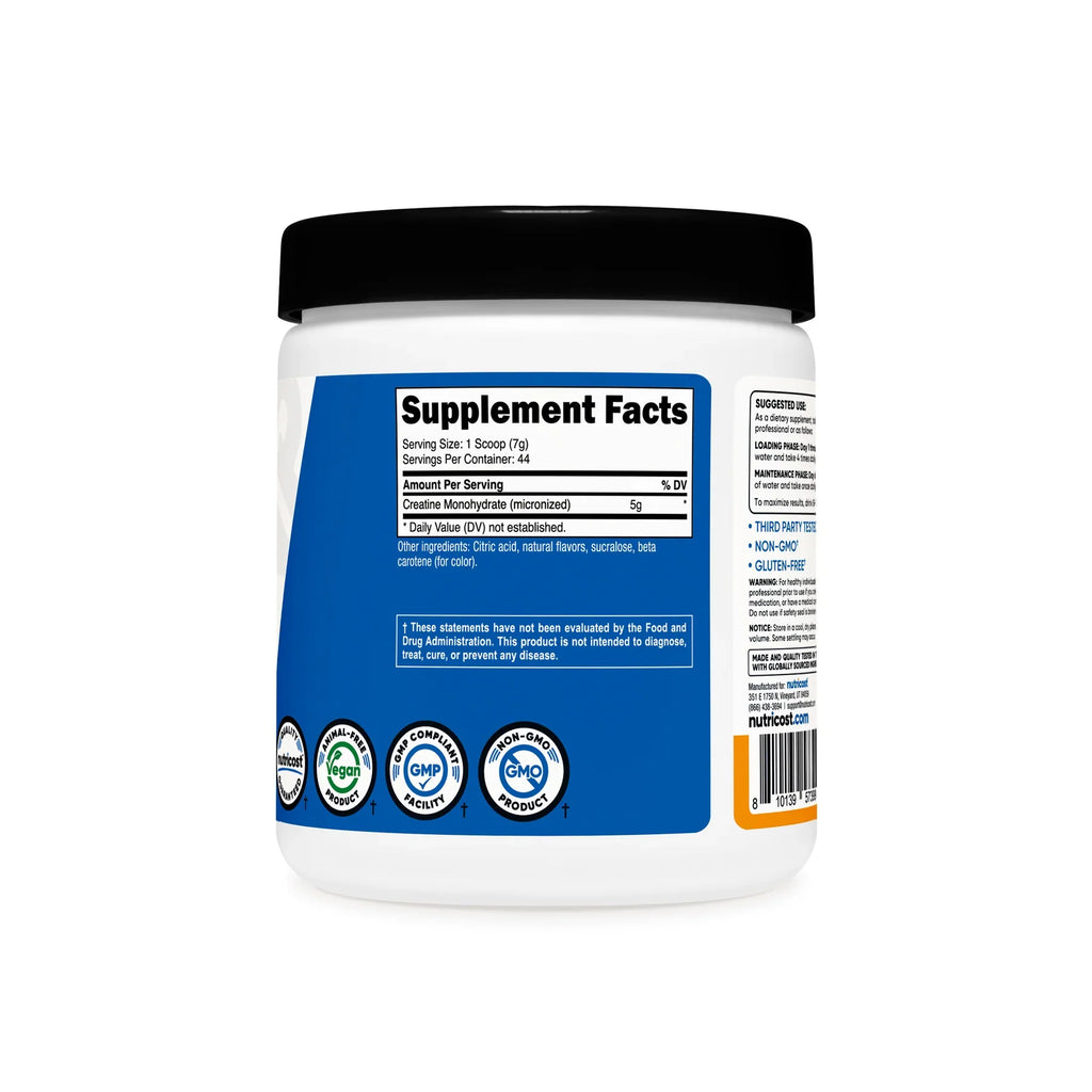 Nutricost Performance  Creatine Monohydrate Powder  (Mandarin Orange Flavored 10.7 Oz 5 G(300 G)-High Quality Micronized Creatine Supplement - Vegan, Non-GMO, Gluten Free