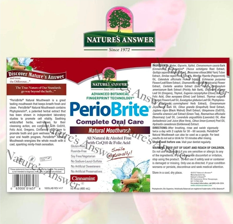 Nature's Answer Periobrite Cinamint Mouthwash| Promotes Healthy Teeth & Gums| Fights Bad Breath| Fluoride-Free, Alcohol-Free, Gluten-Free & Vegan| No Artificial Preservatives 16oz