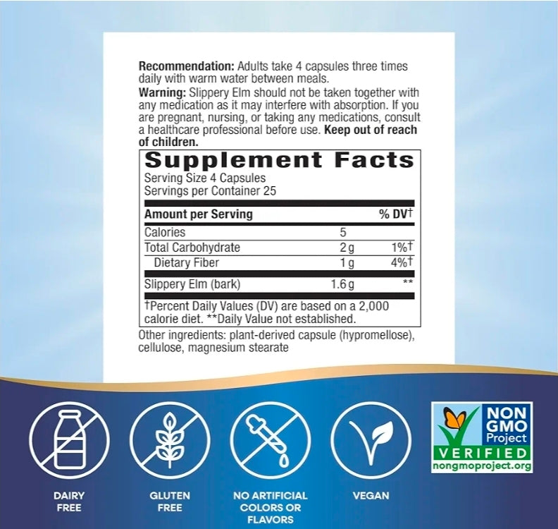 Nature's Way Slippery Elm Bark Capsules, Traditional Digestive Support to Soothe Gastrointestinal Tract*, 1,600 mg per 4-Capsule Serving for Traditional GI Support*, Vegan, 100 Capsules
