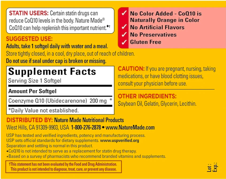 Nature Made CoQ10 200mg Softgels, Dietary Supplement for Heart Health Support, 105 Softgels, 105 Day Supply