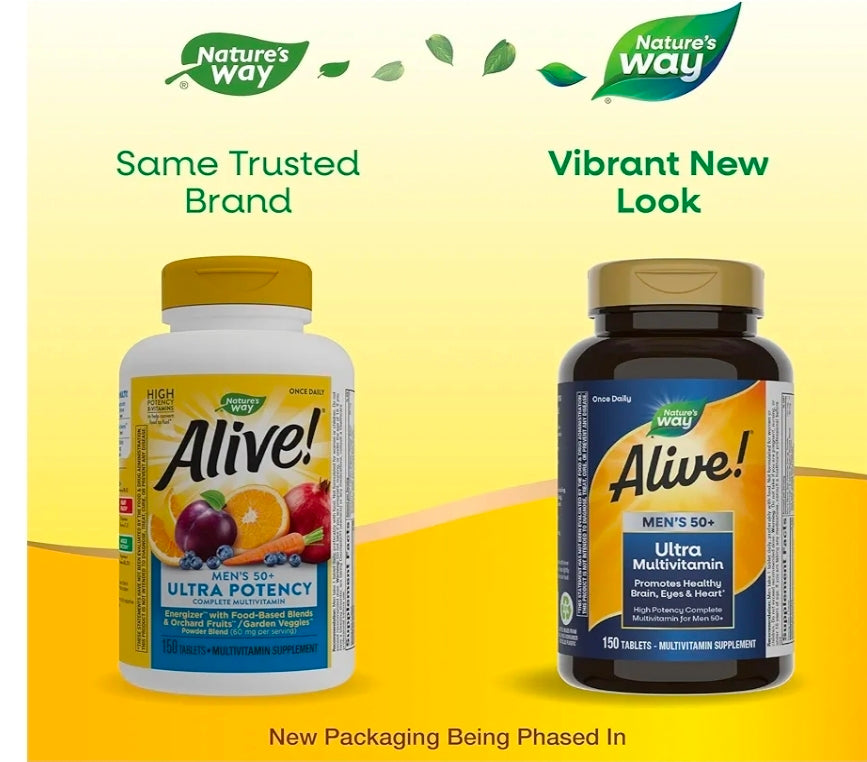 Nature's Way Alive! Ultra Potency Multivitamin for Men 50 Plus, Complete High Potency Formula with Vitamin D3, C, E, Methyl B12, Supports Cellular Energy, Heart, Brain, and Eye Health,* 150 Tablets