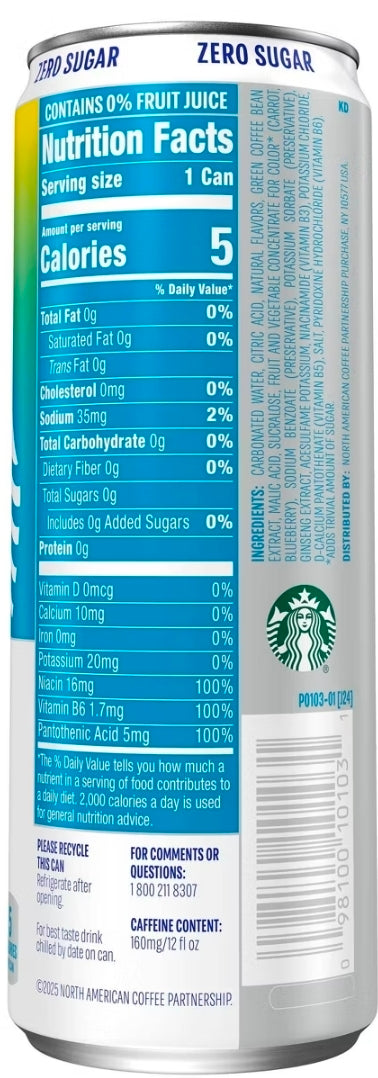 Starbucks Iced Energy Drink, Blueberry Lemonade, Zero Sugar Energy Drink, Plant Based Caffeine, Hydration, Mental Clarity, 12 Fl Oz Can