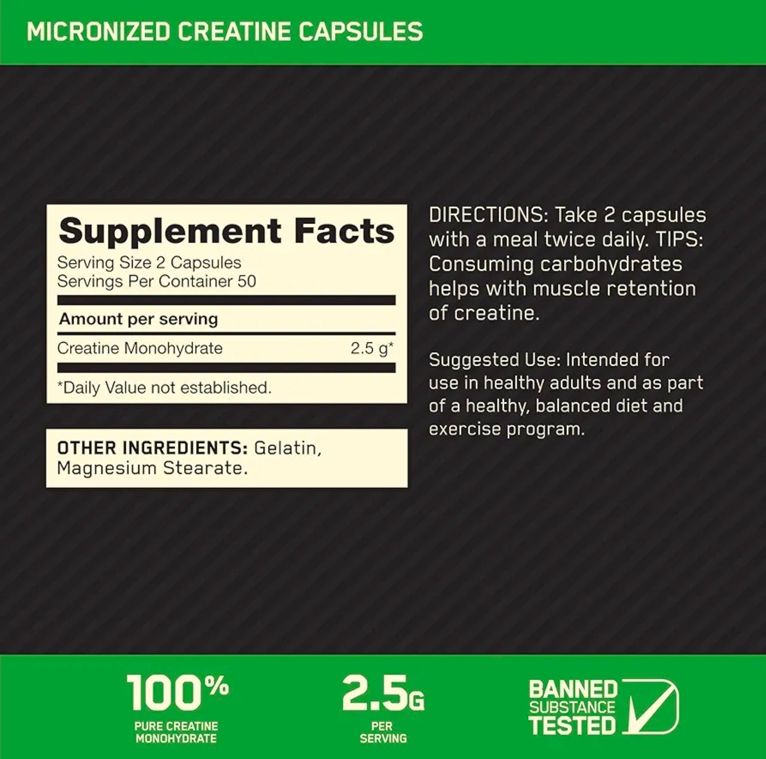 Optimum Nutrition Micronized Creatine Monohydrate Capsules, Keto Friendly, 2500mg, 100 Capsules