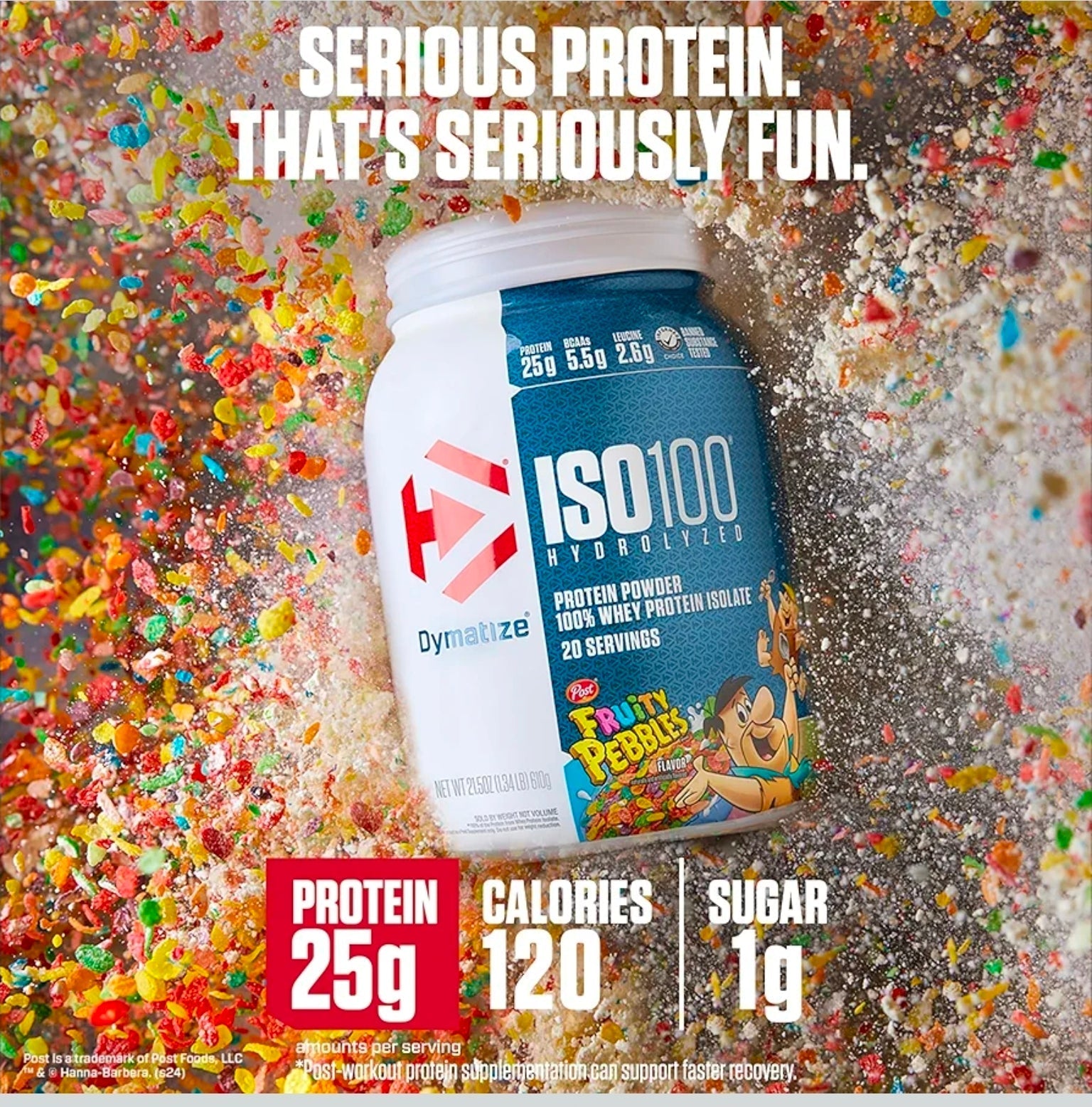 Dymatize x Fruity Pebbles ISO100 Whey Protein Powder Isolate, 25g of Protein, 5.5g BCAAs, 120 Cal., Gluten Free, 1g Fat, 1g Sugar, 2g Carb (75 Servings)
