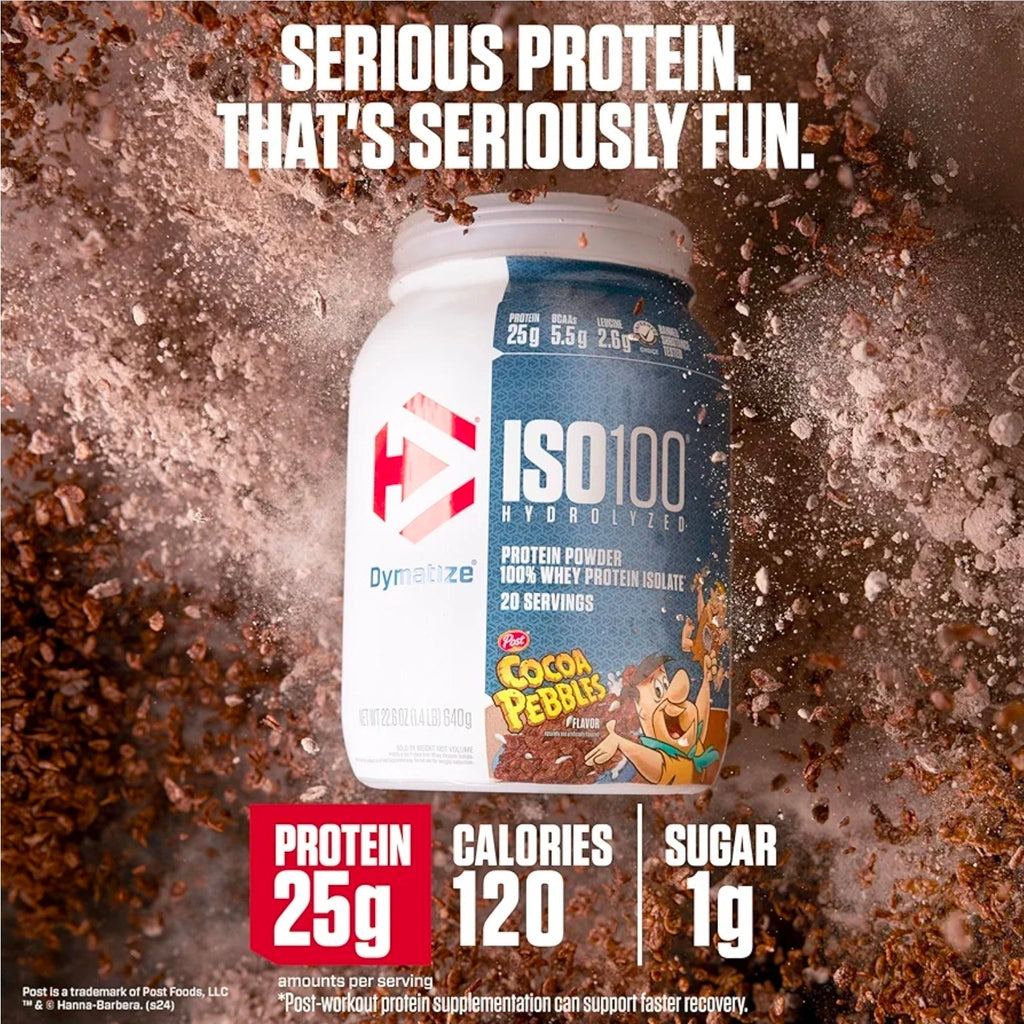 Dymatize x Cocoa Pebbles ISO100 Whey Protein Powder Isolate, 25g of Protein, 5.5g BCAAs, 120 Cal., Gluten Free, 1g Fat, 1g Sugar, 2g Carb (42 Servings)