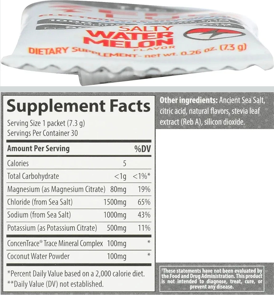 Trace Minerals ZeroLyte Salty Watermelon Flavor - Sugar Free Electrolyte Drink Mix - Supports Hydration, Energy, Stamina - Ancient Sea Salt, Full Spectrum Minerals, Coconut Water