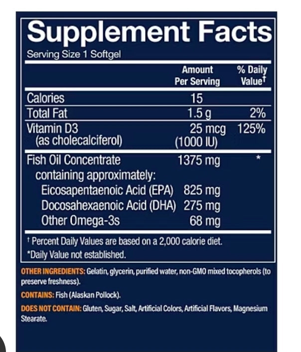 Vthrive Premium Wild Alaskan Fish Oil with Vitamin D3 - Supports Cardiovascular Health - 1,375 DHA/EPA (120 Softgels)