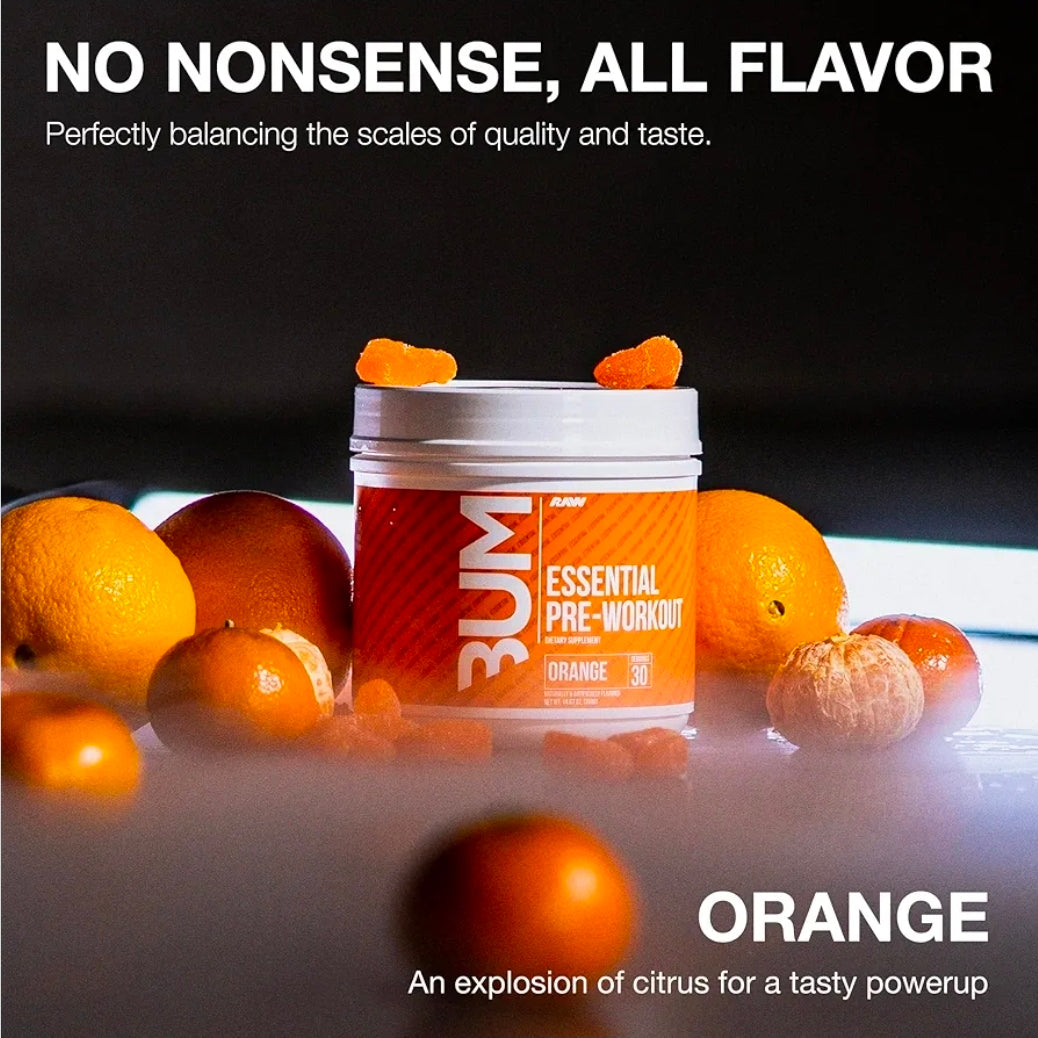 RAW Essential Pre-Workout Powder (Orange) - Chris Bumstead Sports Nutrition Supplement for Men & Women - Preworkout Energy Powder with Caffeine, L-Citrulline, L-Tyrosine, & Beta Alanine Blend
