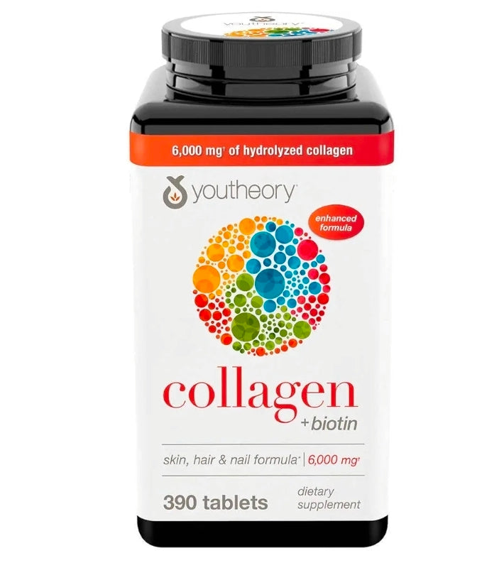 Youtheory Collagen + Biotin - Advanced Collagen Supplement - with Hydrolyzed Peptides, Vitamin C & Vitamin B - Supports Hair Growth, Nail Health & Anti-Aging* - 390 Tablets