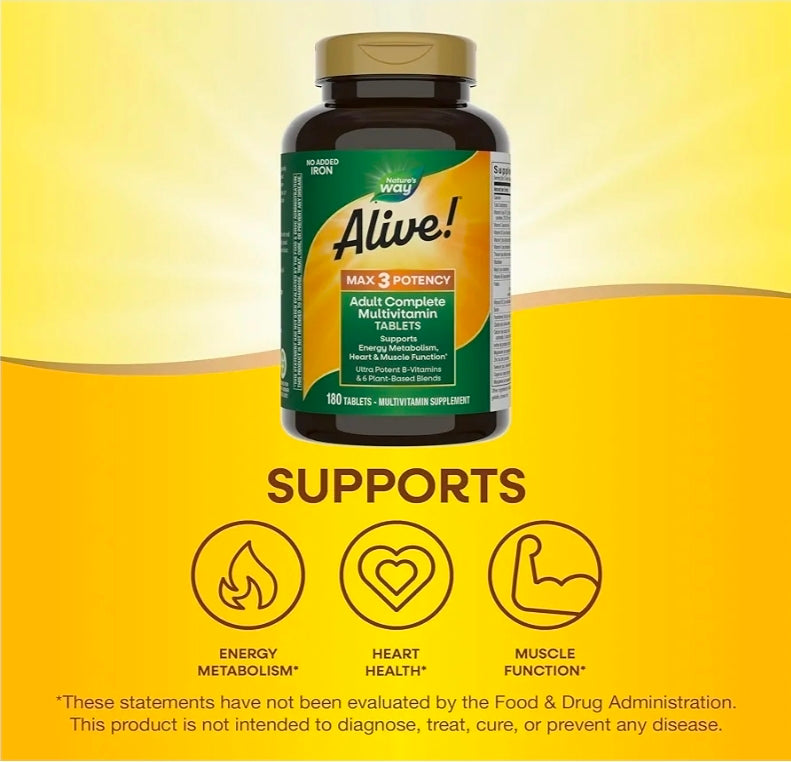 Nature's Way Alive! Max3 Potency Daily Multivitamin, High Potency Adult Multivitamins to Support Cellular Energy Metabolism, Heart, and Muscle Function for Women & Men*, No Iron Added, 180 Tablets