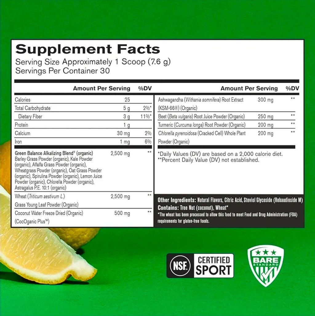 BARE PERFORMANCE NUTRITION, BPN Strong Greens Superfood Powder, Lemon, 30 Servings