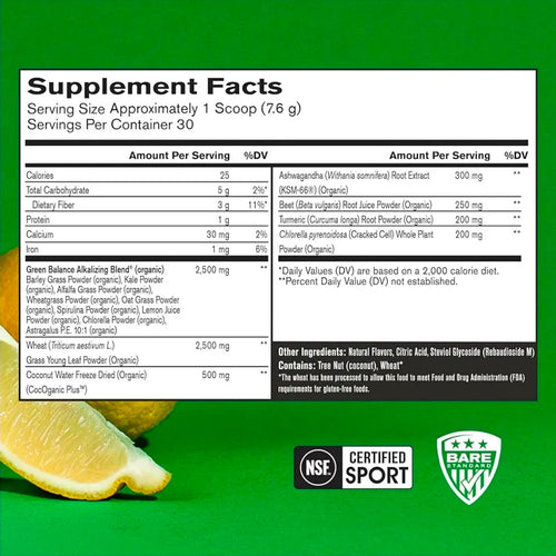 BARE PERFORMANCE NUTRITION, BPN Strong Greens Superfood Powder, Lemon, 30 Servings