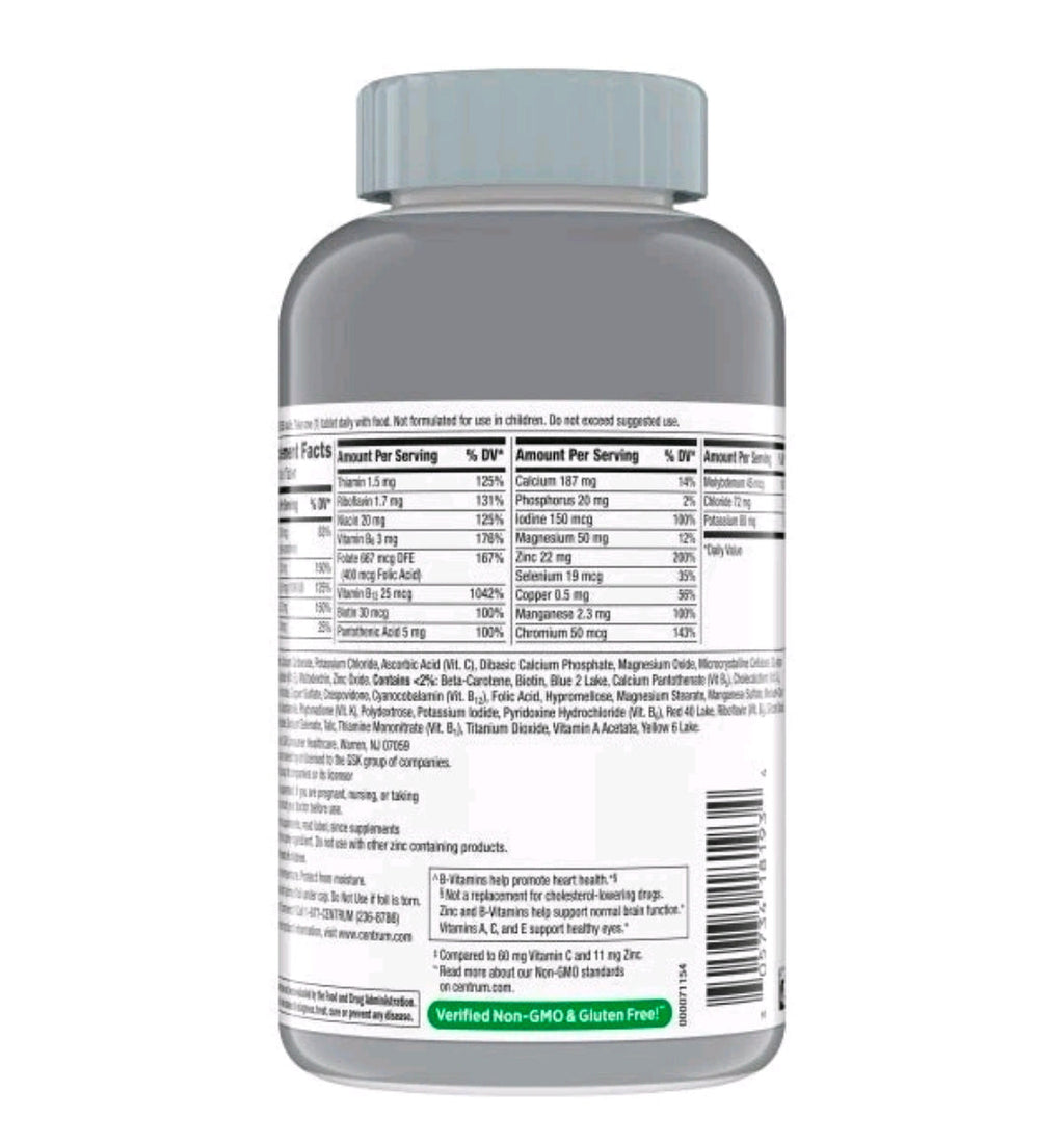 Centrum Silver Adults 50+ Centrum Silver Multivitamin for Adults 50 Plus, Multivitamin/Multimineral Supplement, Vitamin D3, B Vitamins, Gluten Free, Non-GMO Ingredients, Supports Memory and Cognition in Older Adults - 325 Ct