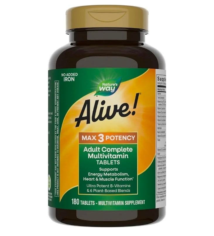 Nature's Way Alive! Max3 Potency Daily Multivitamin, High Potency Adult Multivitamins to Support Cellular Energy Metabolism, Heart, and Muscle Function for Women & Men*, No Iron Added, 180 Tablets