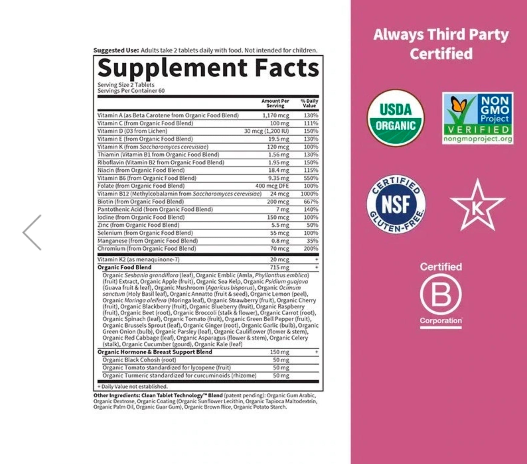 Garden of Life Multivitamin for Women 40 Plus, Organics Womens Vitamins, Hormone & Breast Health Support Blend, Vegan, 120 Tablets